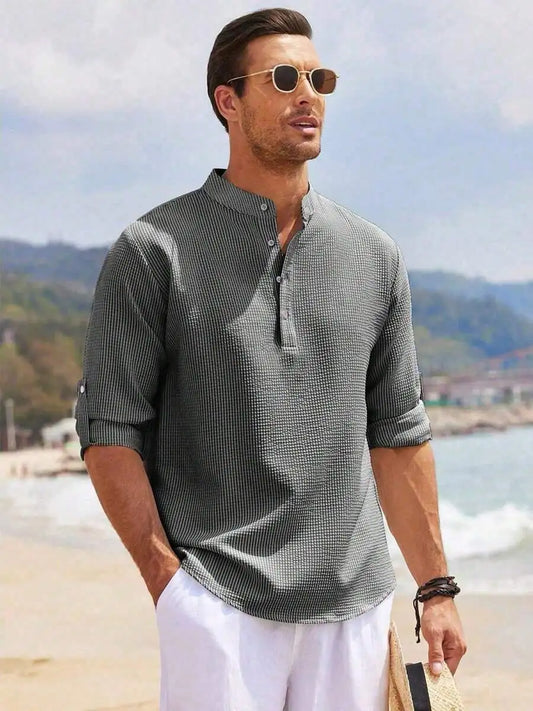 Men's Short Sleeve Henley Shirt, Striped Waffle Knit, Lightweight & Breathable for Summer Casual Wear
