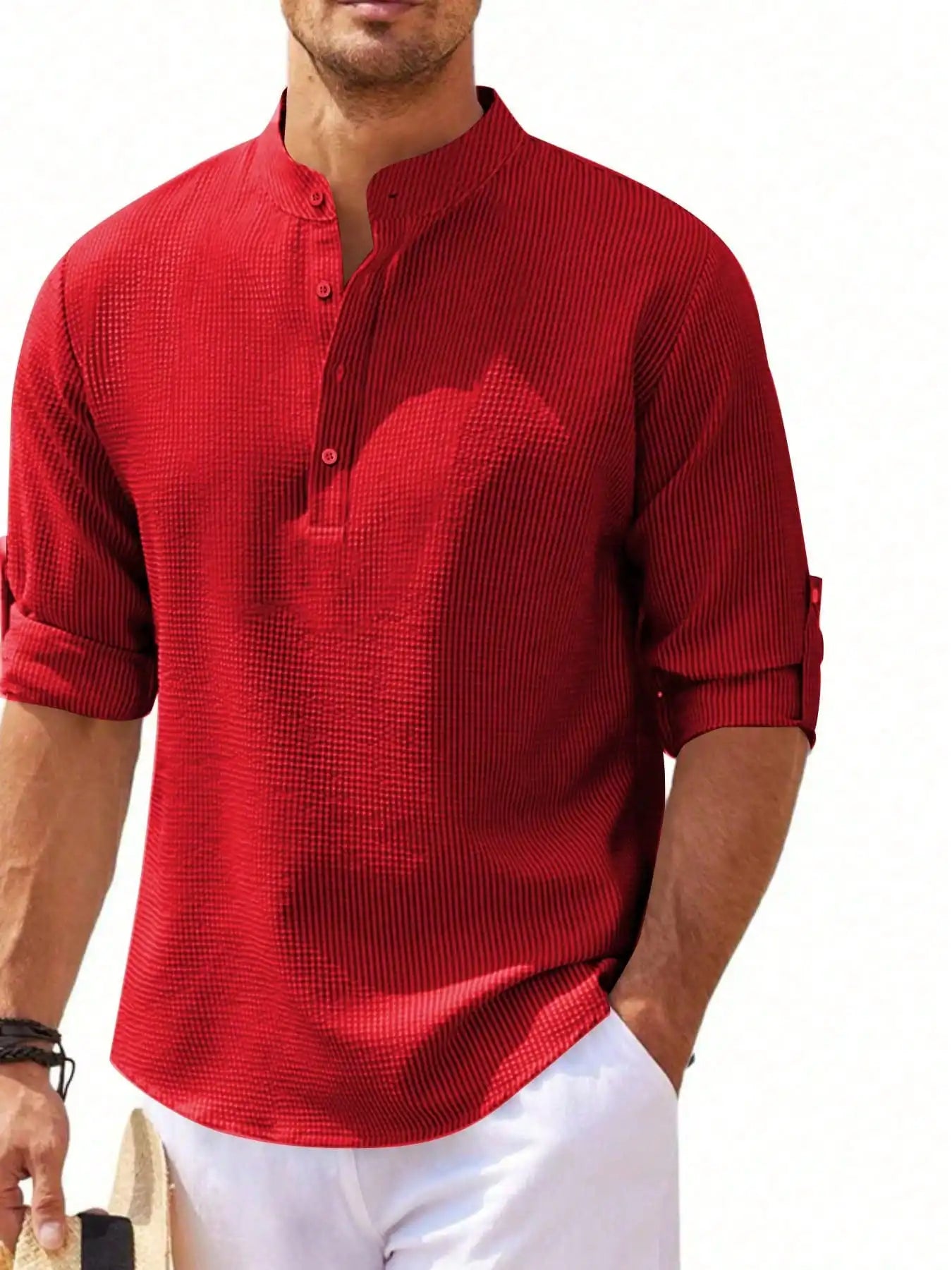 Men's Short Sleeve Henley Shirt, Striped Waffle Knit, Lightweight & Breathable for Summer Casual Wear