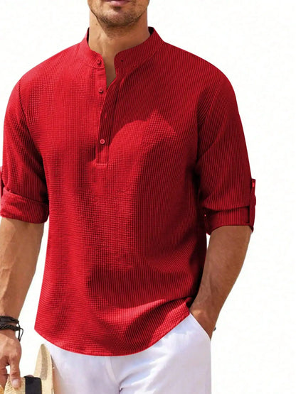 Men's Short Sleeve Henley Shirt, Striped Waffle Knit, Lightweight & Breathable for Summer Casual Wear