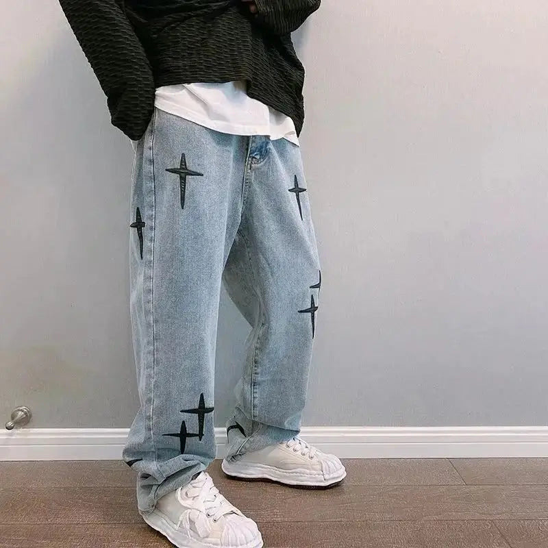 Men's 2023 New Streetwear Baggy Wide Leg Jeans Ko Print Pattern Comfortable Fit Casual Trousers for Men