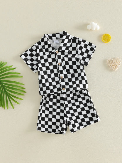 Toddler Baby Boys Summer Outfit Fashionable Plaid Short Sleeve Lapel Shirt with Shorts 2Pcs Set