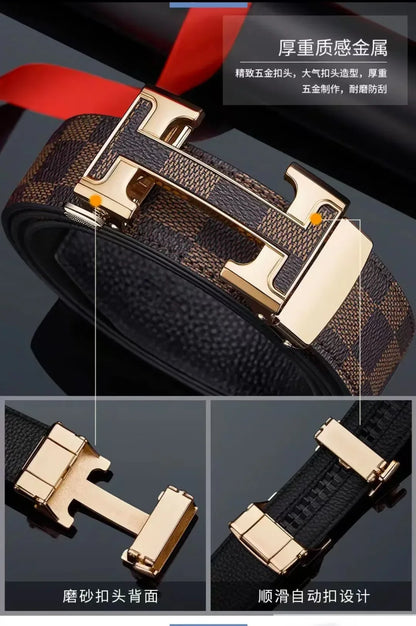Check Pattern Leather Belt Automatic Buckle Young Fashion Casual Belt Trendy Ins Top Grain Cowhide High End Business