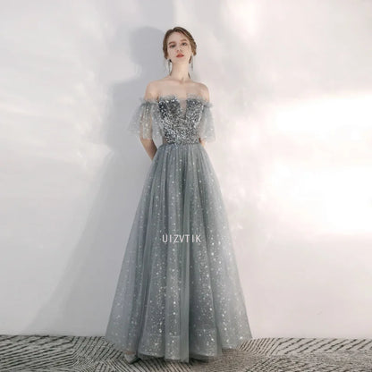 Sexy Off-Shoulder Evening Gowns New Silver Gray Evening Gowns Maix Shiny Dress Party Dresses Women Evening Vestidos De Fiesta