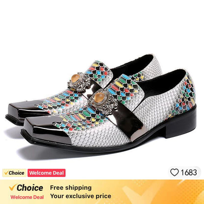 brown business dress men's shoes black snake embossed Genuine leather shoes dragon head pointed party Trend wedding shoes