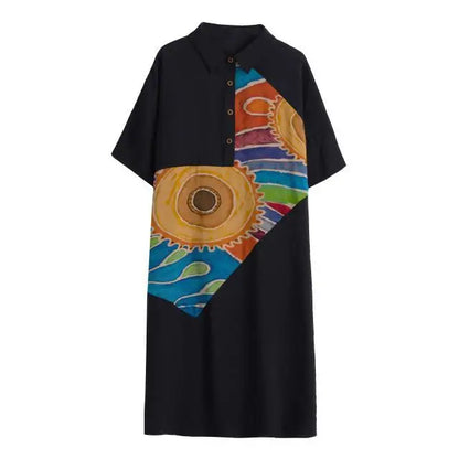 Women Summer Clothing 2025 New Style Literary Splicing Loose Printed Button Splicing Shirt Dress