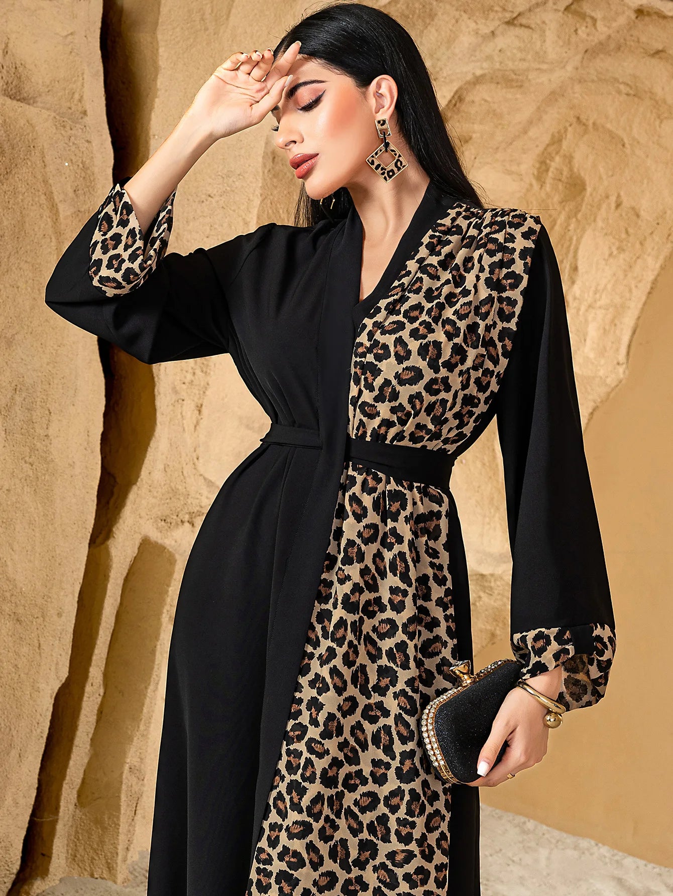 Women's Leopard Spliced V-neck Long Sleeve Ankle Length Cardigans with Sashes Middle East Female Plus Size Clothes Abaya Dress