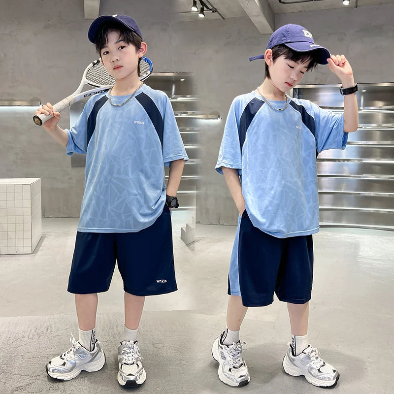 Boys Clothes Sets Summer Kids Sport Short Sleeve T-shirt + Shorts 2 Pieces Suit Teenage Child Outfits For 5 6 8 10 12 14 Years