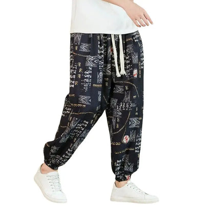 Spring and Summer Chinese Men Loose Printed Beach Thin Over-knee Casual Trousers