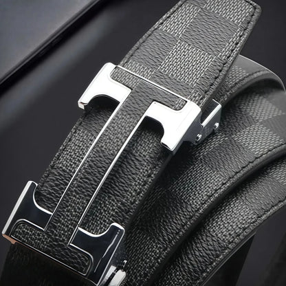 Check Pattern Leather Belt Automatic Buckle Young Fashion Casual Belt Trendy Ins Top Grain Cowhide High End Business