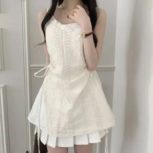 Summer Dress Women Chic French Lace Stitching Sling Shirt Stacked Gauze Knitted  Overskirt Inner Wear Base Short