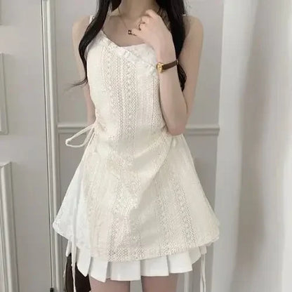Summer Dress Women Chic French Lace Stitching Sling Shirt Stacked Gauze Knitted  Overskirt Inner Wear Base Short
