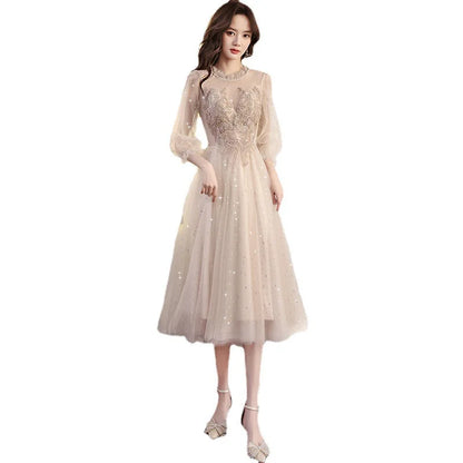 Elegant Evening Gown Mid-Length Graduation Dress O-neck Appliques Evening Dresses Simple Prom Vestidos Wedding Party Dresses
