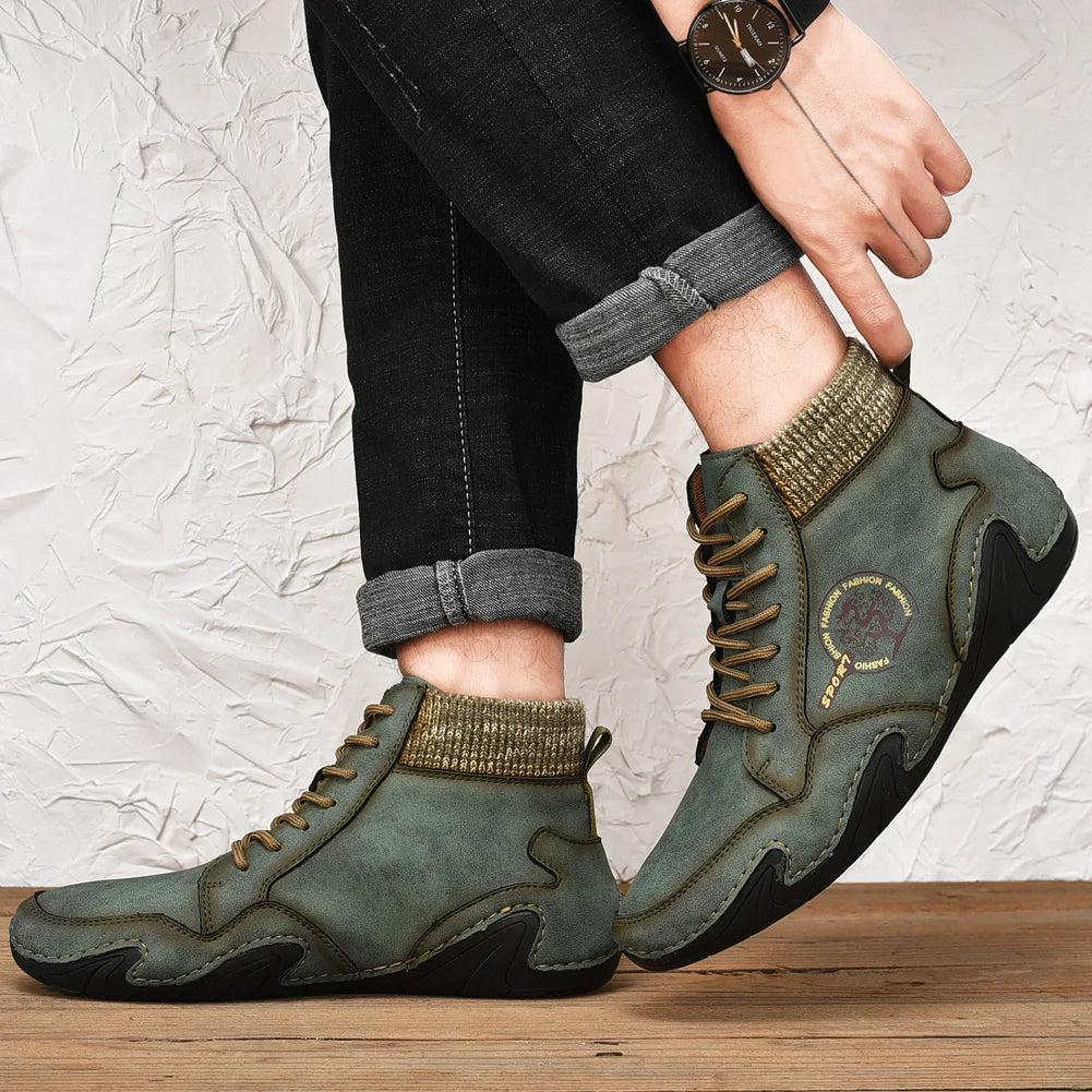 Winter Leather Men Boots Super Warm Man Snow Boots Handmade Mens Casual Shoes Walking Sneakers High Top Western Ankle Boots