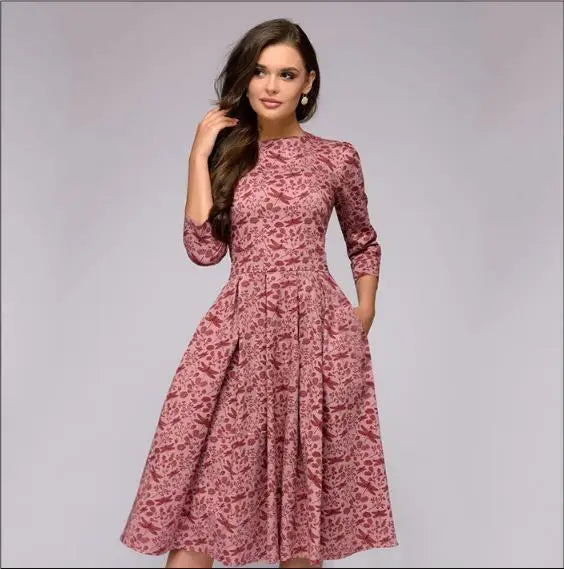 Retro Floral Print A- Line Dress Midi Length Three-Quarter Sleeve round Neck Party Dress Sweet Fresh Style Urban Fashion