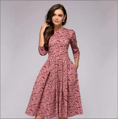 Retro Floral Print A- Line Dress Midi Length Three-Quarter Sleeve round Neck Party Dress Sweet Fresh Style Urban Fashion