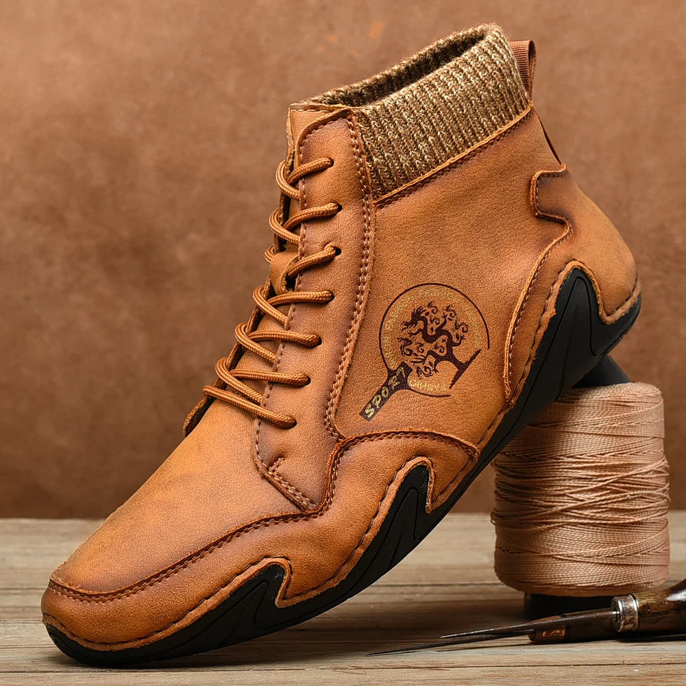Winter Leather Men Boots Super Warm Man Snow Boots Handmade Mens Casual Shoes Walking Sneakers High Top Western Ankle Boots