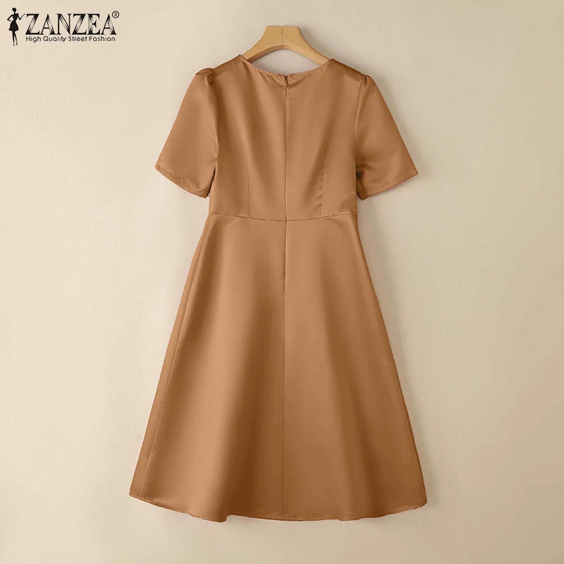 ZANZEA Elegant Woman Party Dresses Shiny Satin Round Neck Short Sleeve Fabric Flower A-line Robes Femme Fashion Midi Vestidos