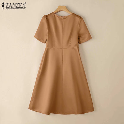 ZANZEA Elegant Woman Party Dresses Shiny Satin Round Neck Short Sleeve Fabric Flower A-line Robes Femme Fashion Midi Vestidos