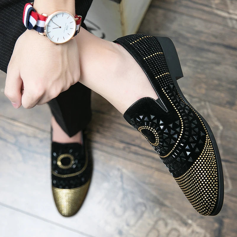 Brand Noble Black Rhinestone Men Dress Shoes Velvet Crystal Luxury Moccasins Mens Loafers Office Business Party Man casual Shoes