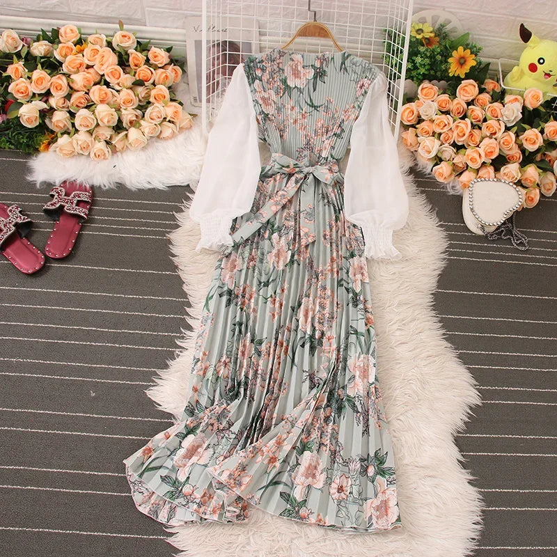 Sweet Style Long Dresse For Women Print Patchwork Pleated Long-sleeve High Waist Dresses Spring Summer New