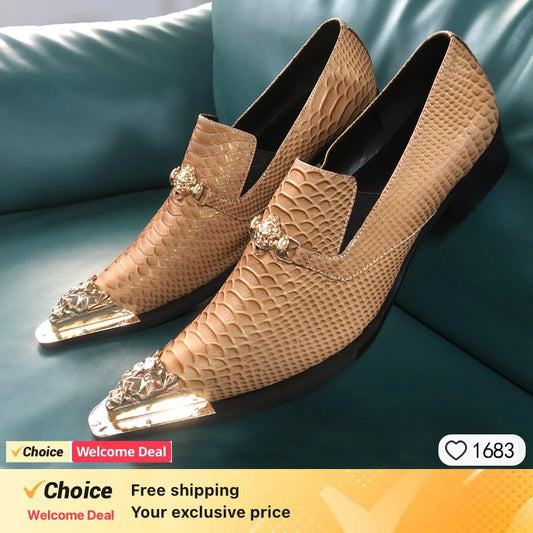 brown business dress men's shoes black snake embossed Genuine leather shoes dragon head pointed party Trend wedding shoes