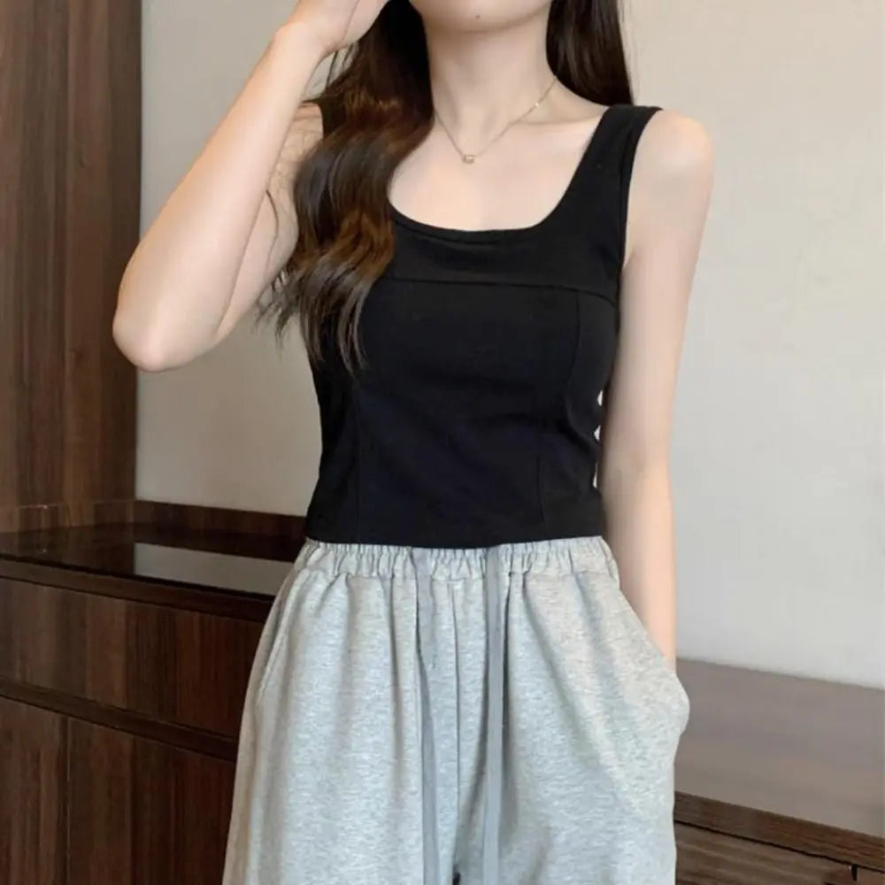 Simple Basic Skinny Vest Women Solid Color Square Neck Slim Crop Top Sleeveless Spicy Girl Style Camisole with Pads Girls