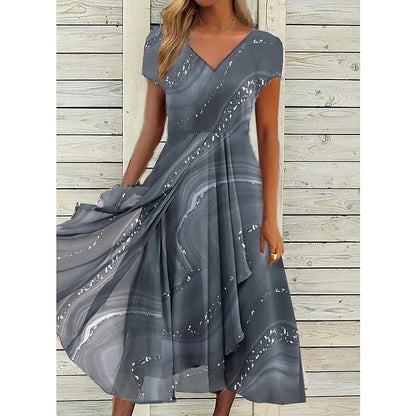 2025 Women's Dress Casual Fashion Office Patchwork Summer Midi V-Neck Women Swear Sweet Dresses For WomenClothes Vestidos