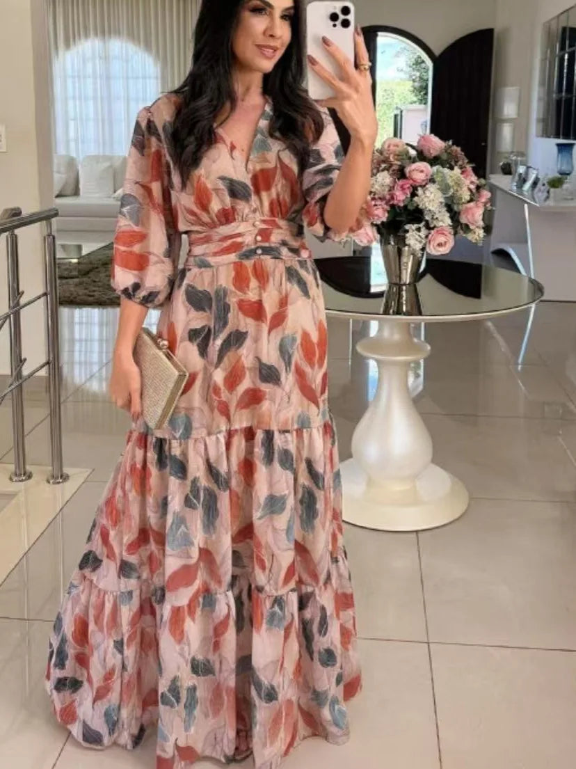 Summer Women Dresses Floral Print Ruffles Boho V-neck Short Sleeve Casual Loose Beach Dress Elegant Holiday Maxi Long Dress Robe