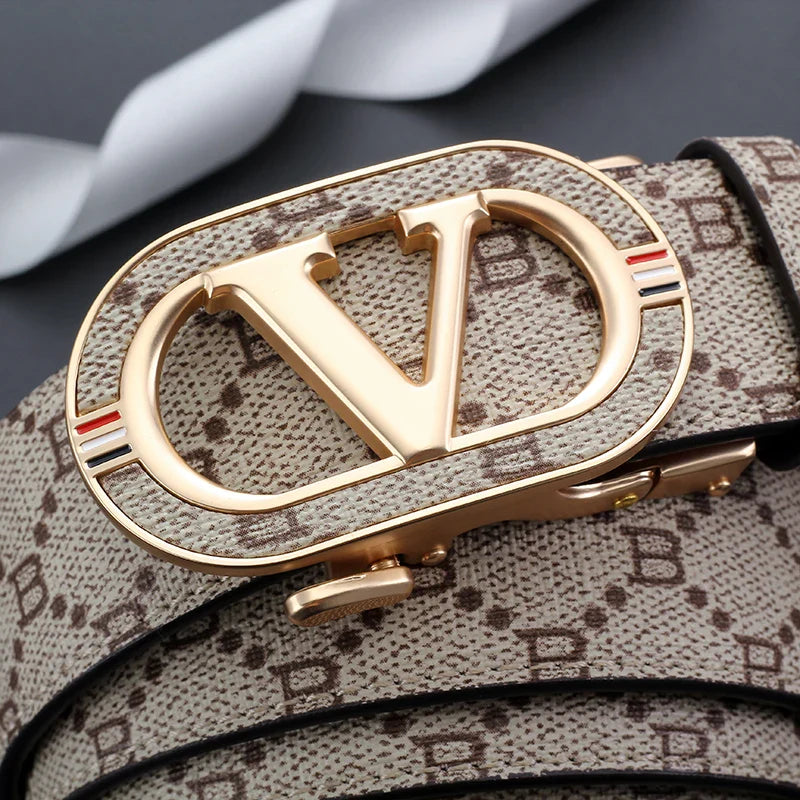 New Big "V" Automatic Buckle Men Belt, Fashionable Letter Buckle Waist Belt, Business Casual Leather Belt,Genuine Suit Belt