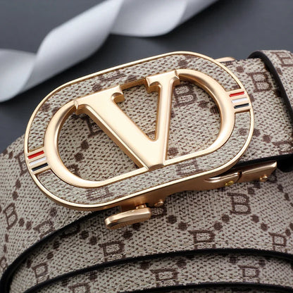 New Big "V" Automatic Buckle Men Belt, Fashionable Letter Buckle Waist Belt, Business Casual Leather Belt,Genuine Suit Belt
