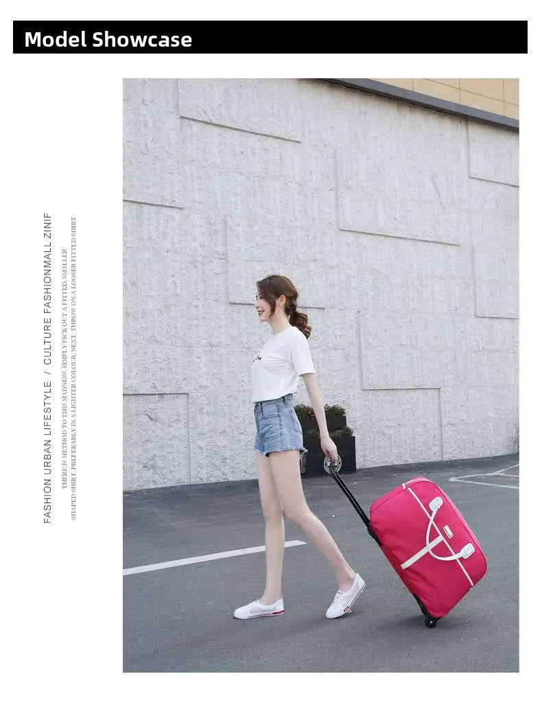 Large Capaci Travel Bag Women's Lightweight Pull Bag Portable ort Trip Hand Lage Bag with Wheels Faionable Ox Cloth