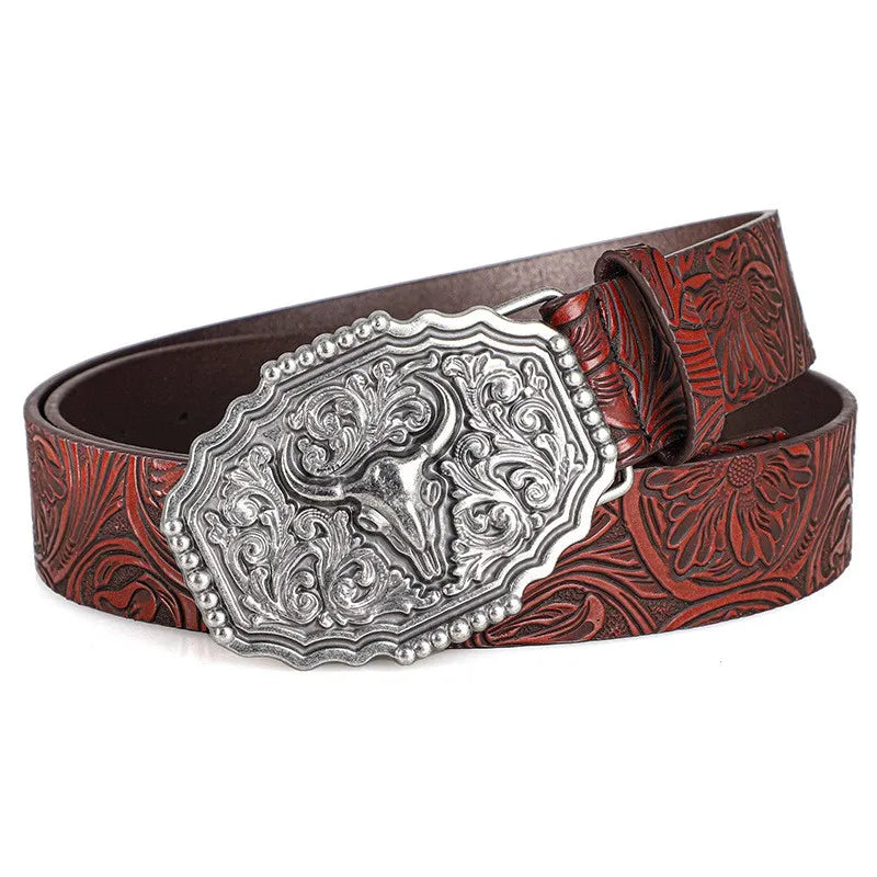 Western Cowboy Style Vintage Casual Belts - Ox Head Carved Buckle & Bohemian Print, Perfect For Daily Commute & Dating Outfits