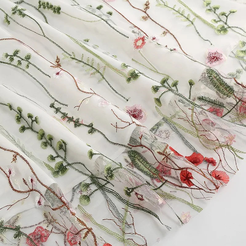 Women Fashion Embroidered Short Sleeve Mesh Dress Summer Bohemian Floral A-Line Flowy Dress Cocktail Party Dresses Vestidos