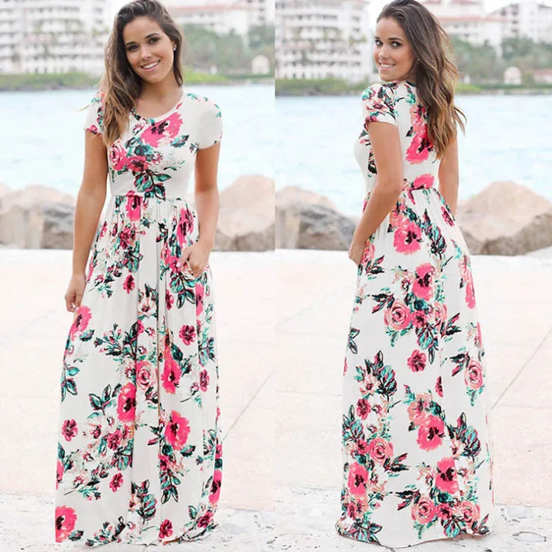 Women Summer Floral Print Maxi  2025 Loose White Boho Beach Dress Women Vintage Evening Party Long Dress Vestidos Female Robe