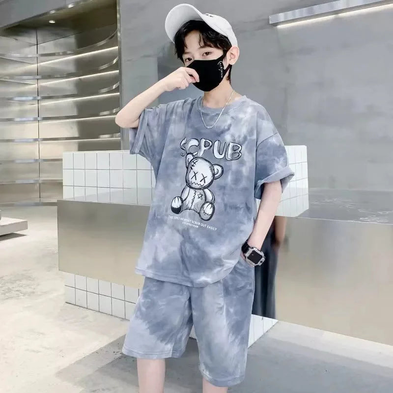 Boys Sports Suit Summer Cartoon Sets New Children's Short-Sleeved T-Shirt Shorts 2-Piece Kids Fashion Loose Clothes Outfit