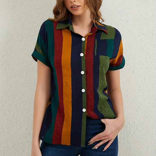 Summer Women'S Shirt Vintage Striped Lapel Shirt Women'S Plus-Size Loose Short Sleeve Top Fashion Hawaiian Vacation Casual Shirt