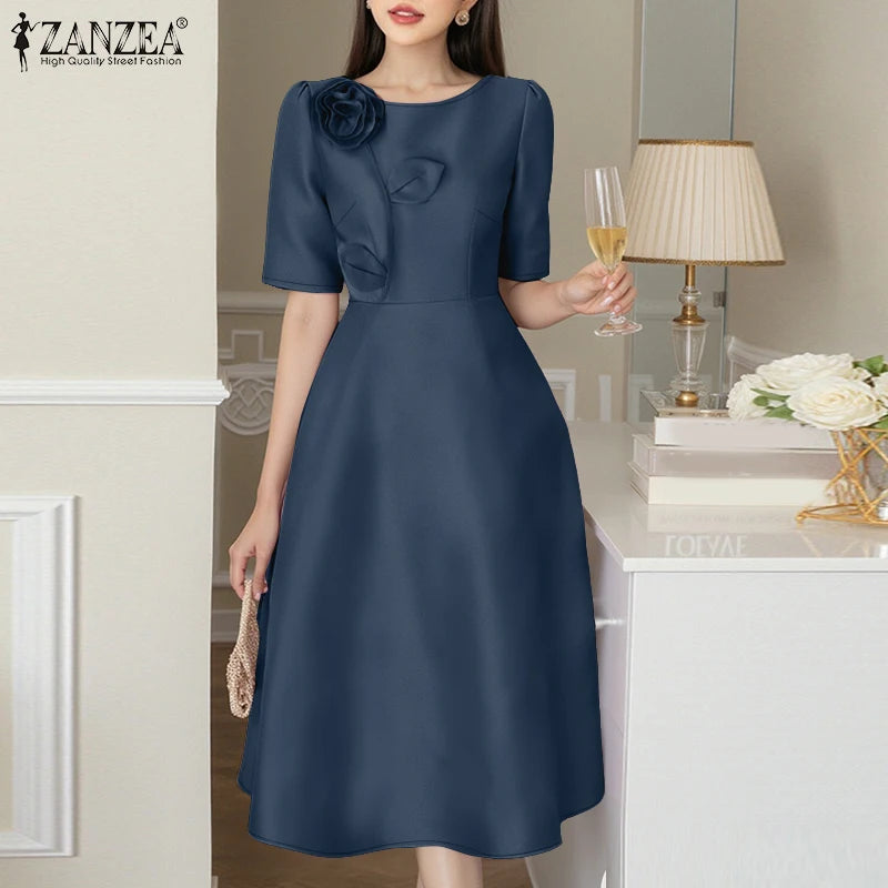 ZANZEA Elegant Woman Party Dresses Shiny Satin Round Neck Short Sleeve Fabric Flower A-line Robes Femme Fashion Midi Vestidos
