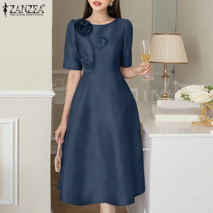 ZANZEA Elegant Woman Party Dresses Shiny Satin Round Neck Short Sleeve Fabric Flower A-line Robes Femme Fashion Midi Vestidos