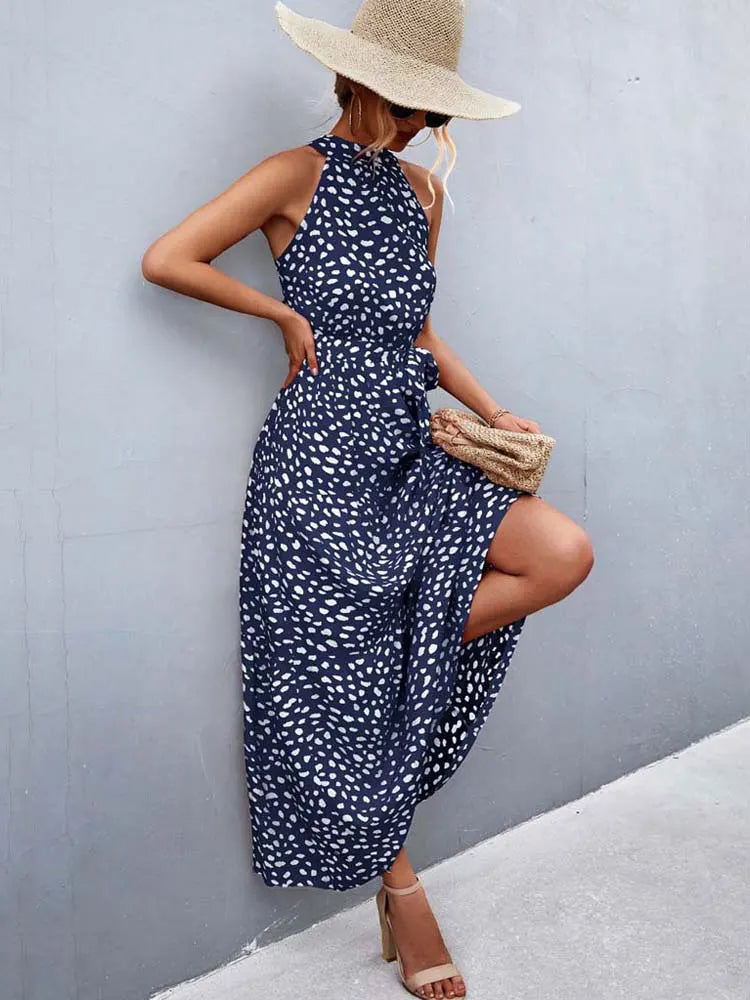 Boho Long Dress Women Flower Print Retro Party Dresses Female Shoulderless Lace Up Sleeveless Halter Summer Vintage Maxi Dress
