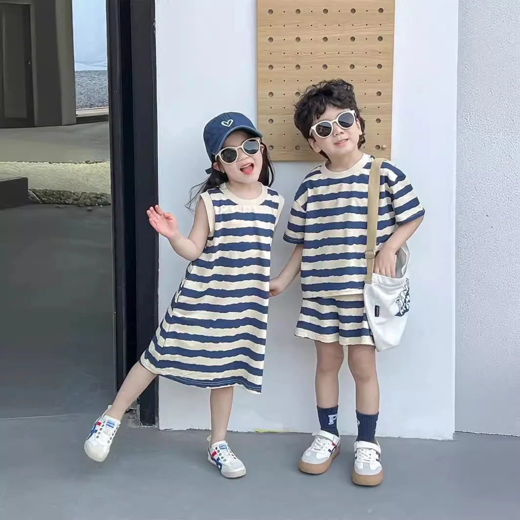 Summer New Sister And Brother Set Girls Striped Sleeveless Dress Fashion Boys Short Sleeve Two Piece Set