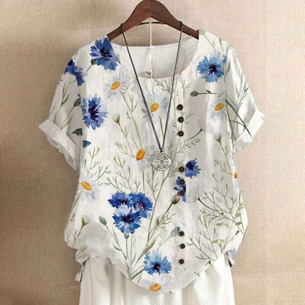 2026 New Women's Casual Blouse Loose Fit Crew Neck Short Sleeve Floral Print Top for Office Dating Daily Wear