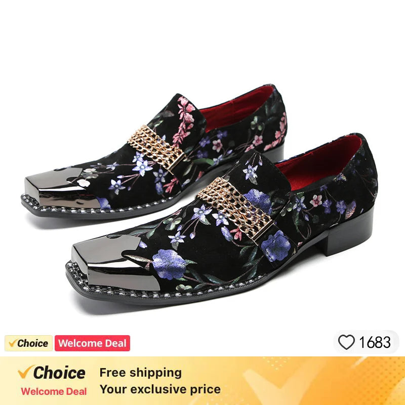 Italian men's dress shoes black metal rivet pointed men's leather business shoes, party shoes men's flat shoes