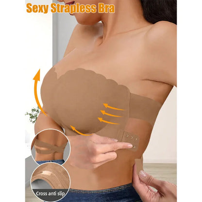 Women's Sexy Strapless Wavy Trim Bandeau Bra Seamless Backless With Side Clasp Ice Silk Top Women Anti-slip Off-shoulder Bra