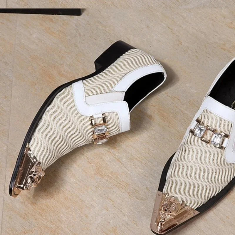White Golden Breathable Pointy Shoes Men for Ktv Bars Leather Shoes British Men's Performance Shoes Personalized Fashion Loafers