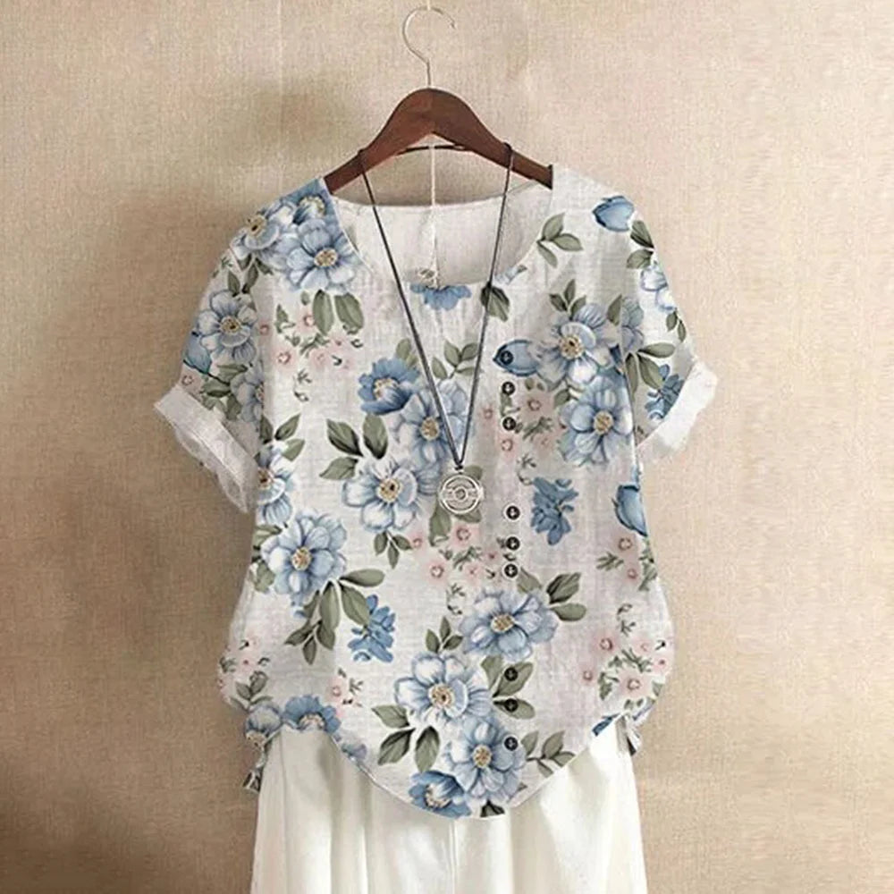 2026 New Women's Casual Blouse Loose Fit Crew Neck Short Sleeve Floral Print Top for Office Dating Daily Wear