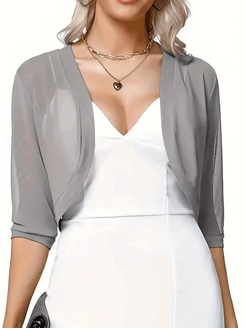 Vintage 3/4 Sleeve Mesh Shrug Bolero Cardigan Slim Cropped Tops Chiffon Ladies Black Jacket Spring Coat Casual Women Clothes