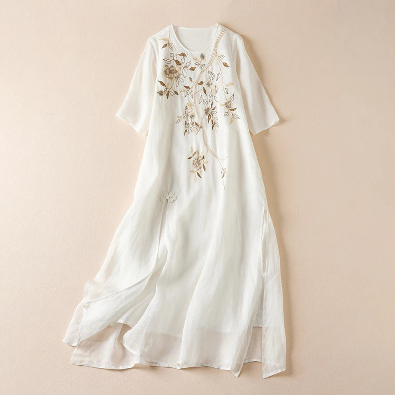 Summer New Hemp Dr Embroidered round Ne Five-Quarter Sve Fairy Beautiful Long Women's Dr New Chinese Sle