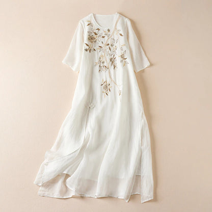 Summer New Hemp Dr Embroidered round Ne Five-Quarter Sve Fairy Beautiful Long Women's Dr New Chinese Sle