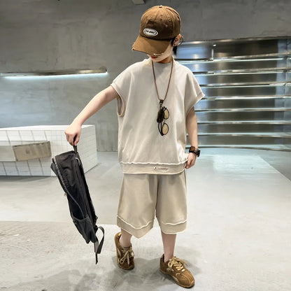Boys' Summer Outfit Set 2025 New Style Children's Summer Short Sleeved Sportswear Vest Fashionable Boys' Thin Design