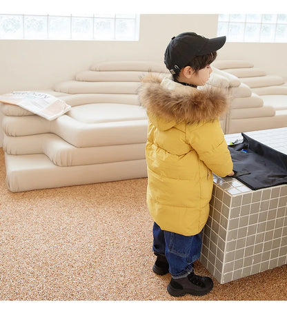 Winter Girls Down Jacket Keep Warm Fur Collar Fashion Little Princess Coat Hooded Boys Long Parkas Outerwear Children Clothing